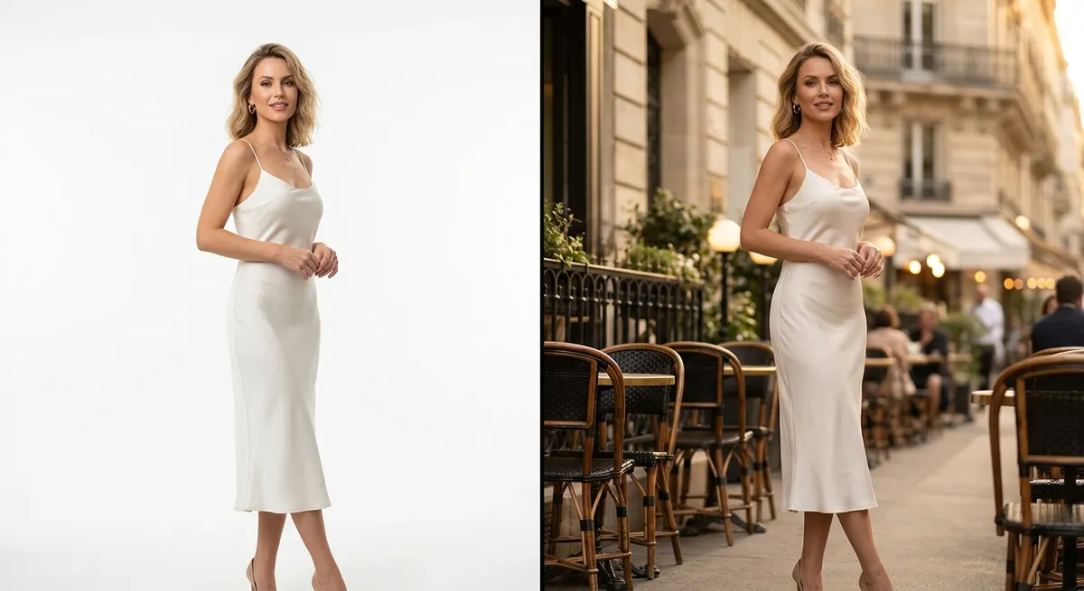 Same ivory silk dress shown with AI-swapped studio and Parisian cafe backgrounds