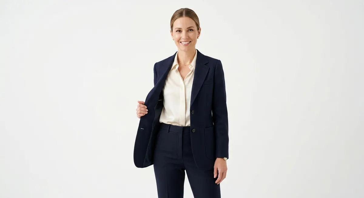 Individual component photography showing navy blazer and silk blouse for marketplace listing