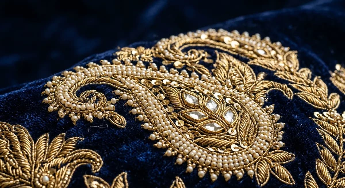 Macro close-up of gold zari embroidery and beadwork detail on luxury fabric