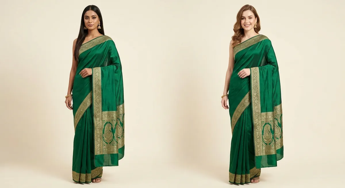 Same emerald saree photographed on Indian and international models side by side