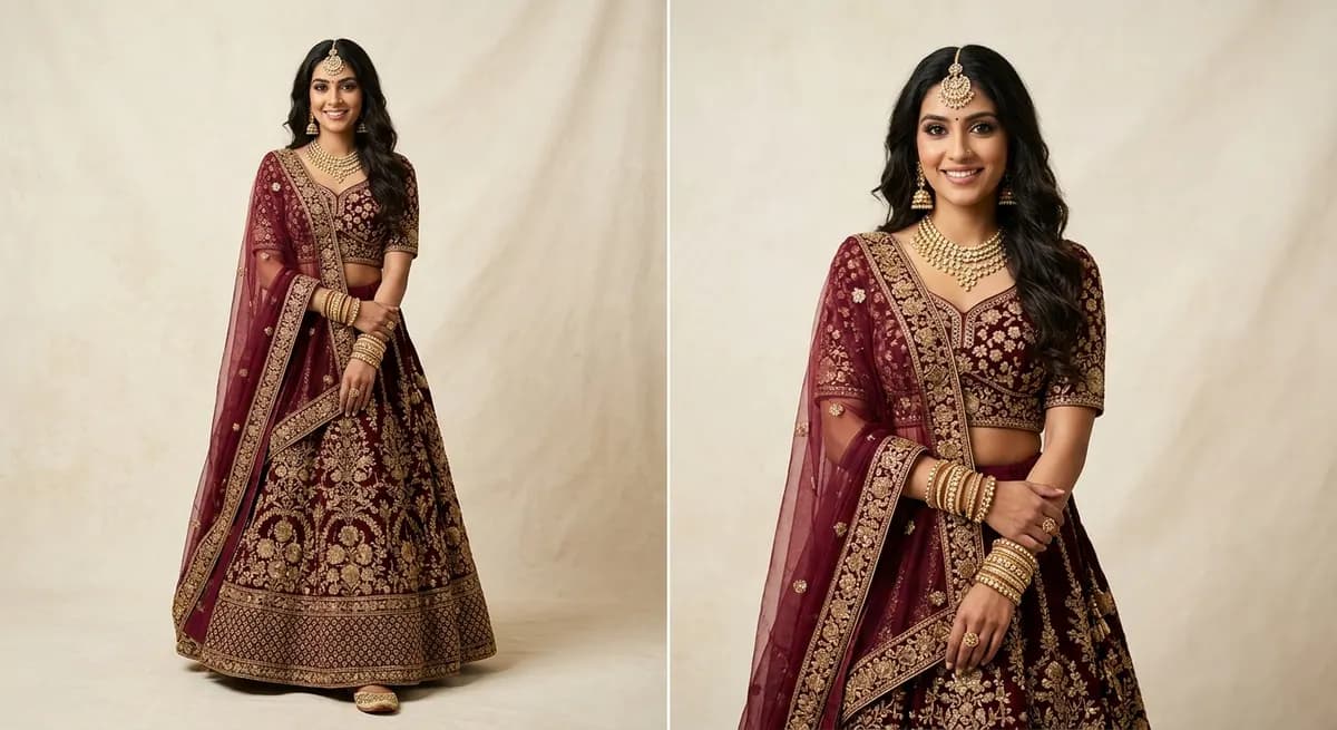 Complete styled burgundy lehenga with matching kundan jewelry and dupatta for e-commerce