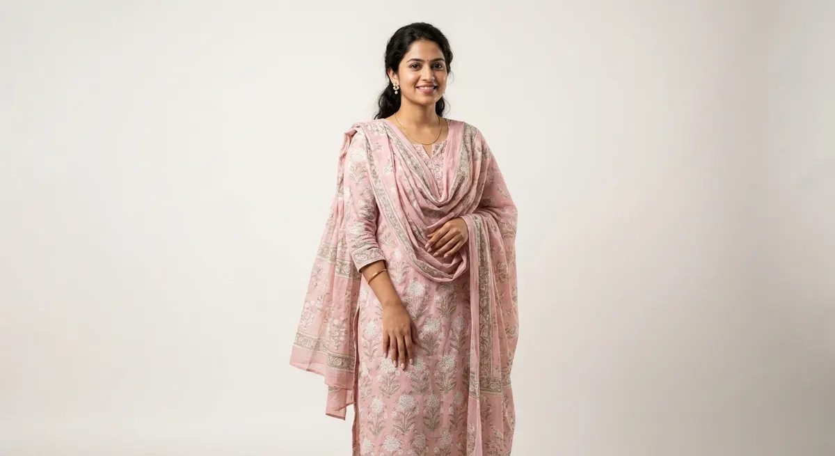 Professional AI-generated fashion model wearing pale pink cotton kurta with dupatta in studio lighting after ShotRoom