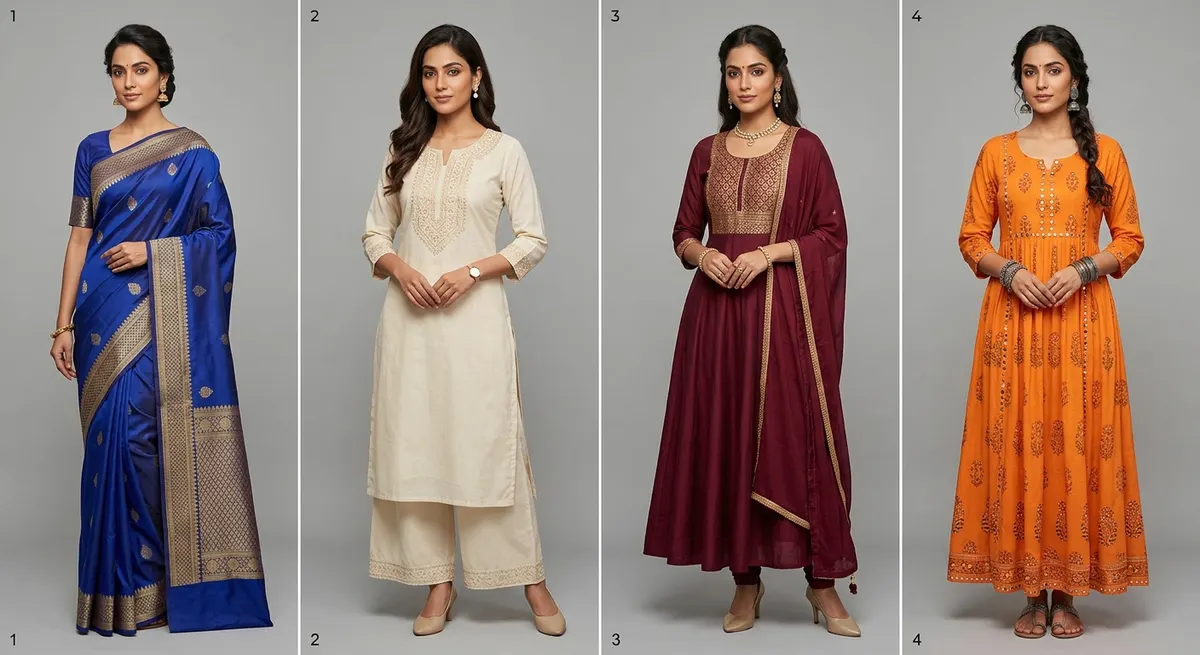 Premium fashion brand catalog with ShotRoom — same North Indian model identity across saree, kurta, anarkali, and maxi dress listings with consistent studio lighting and professional photography