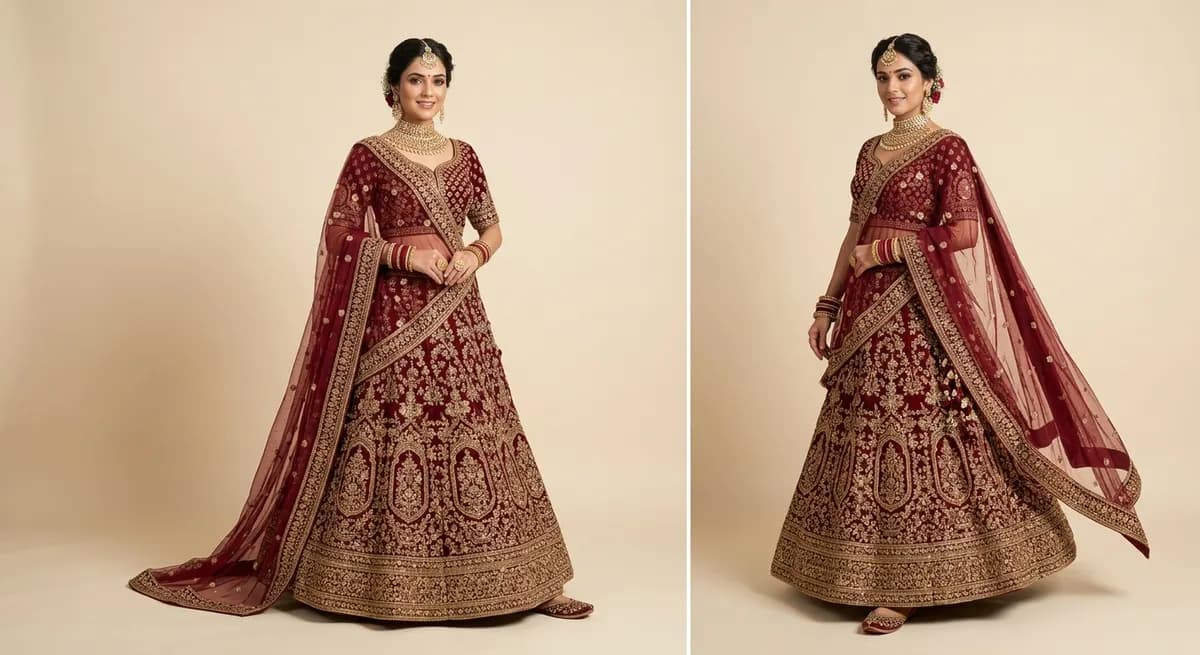 ShotRoom garment fidelity feature — bridal lehenga choli with intricate gold zari embroidery accurately preserved in AI-generated professional studio photography, product always represented correctly