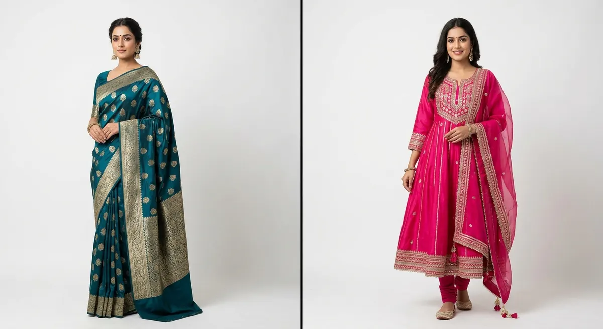 ShotRoom AI Indian fashion domain expertise — two models showing distinct ethnic garment types: Banarasi silk saree and Anarkali kurta, demonstrating deep Indian garment taxonomy knowledge
