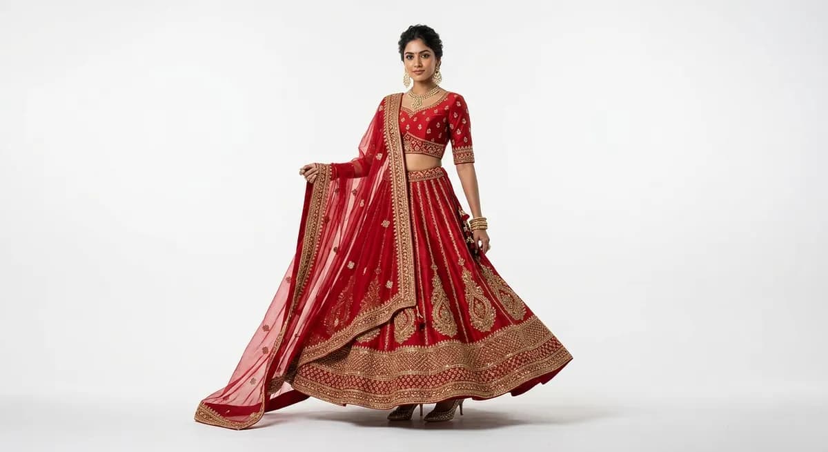 Professional editorial fashion photography of red silk lehenga on North Indian model — ShotRoom AI output with perfect draping, gold zari embroidery highlighted, three-point studio lighting