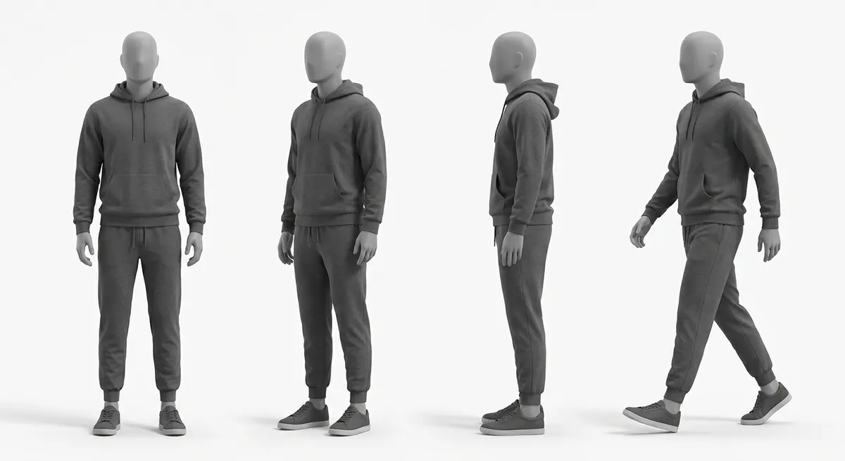 Matte grey clay mannequin silhouettes showing hoodie in four different poses for credit-free pose preview selection