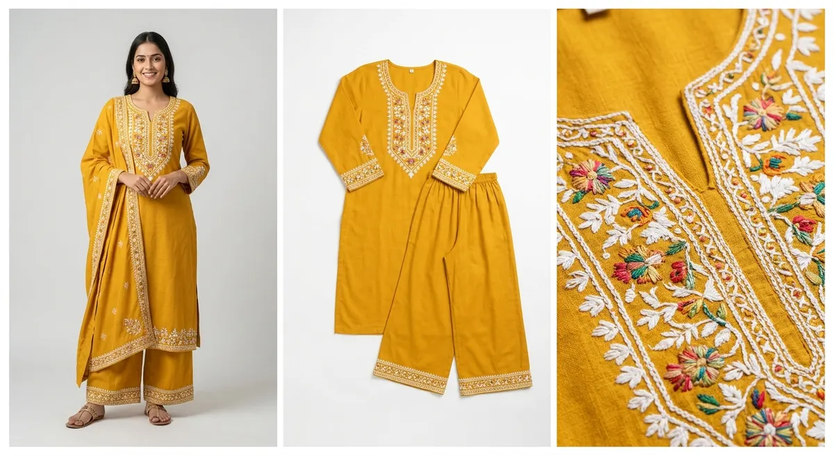 Three-category output system: Cat A full outfit editorial shot, Cat B individual component display, Cat C macro embroidery detail close-up