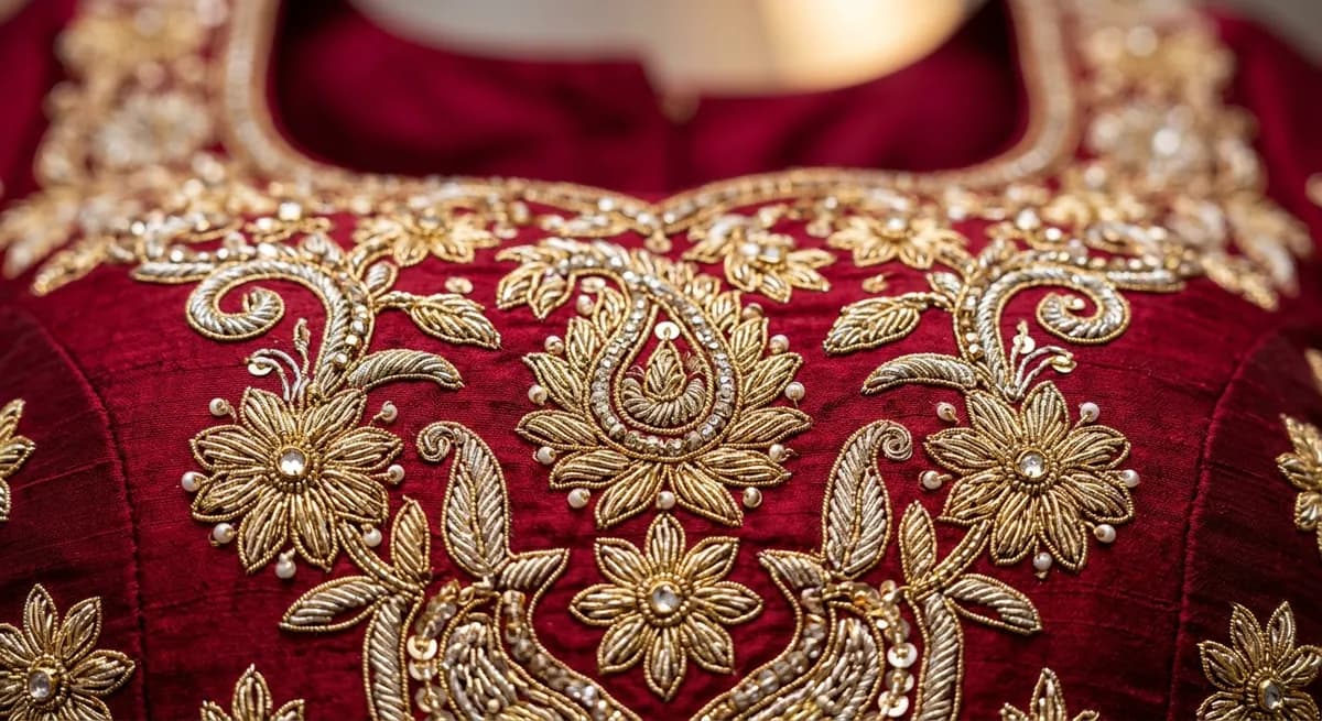 Macro close-up of bridal lehenga zardozi embroidery — AI fashion photography garment fidelity showing intricate gold thread work on crimson silk