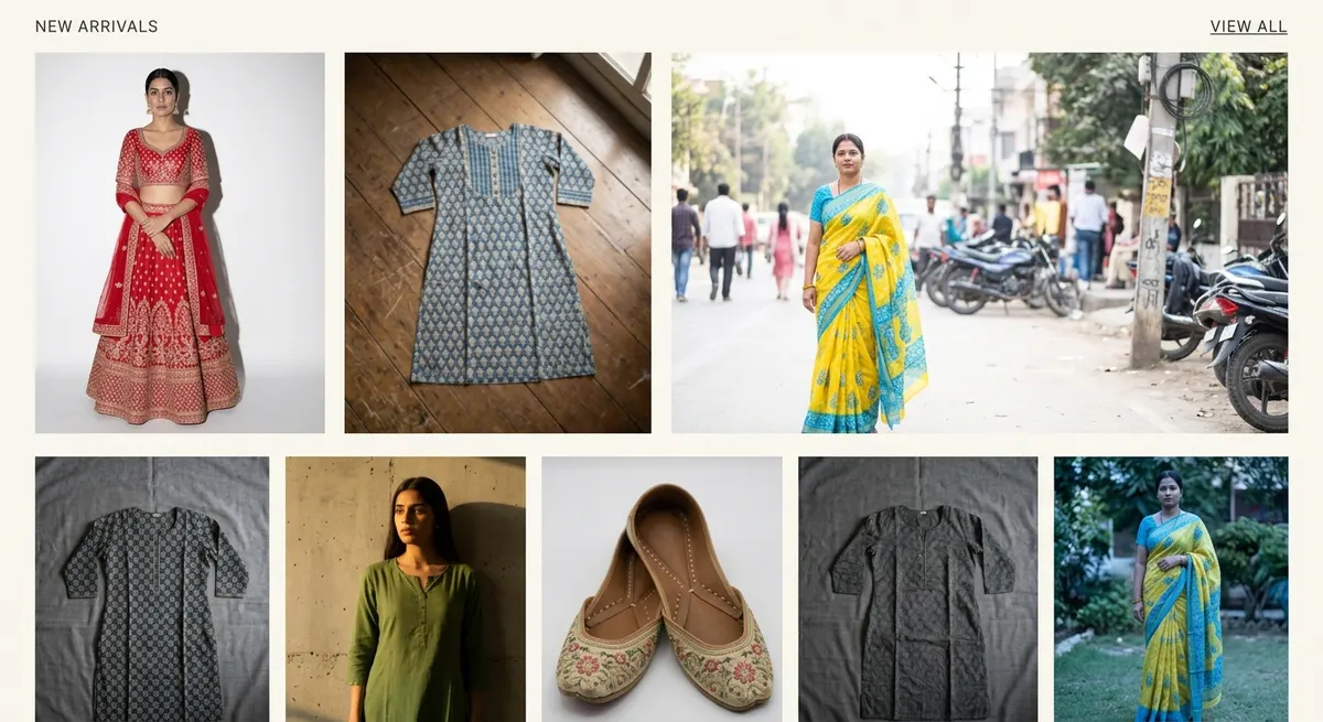 Inconsistent fashion catalog with mismatched lighting, mixed photography styles, and varying quality across different garments