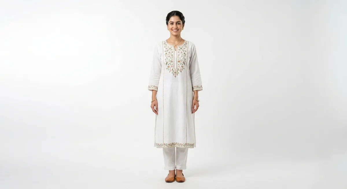 Professional AI-generated fashion photo of Indian model wearing white embroidered kurta in studio lighting — ShotRoom result
