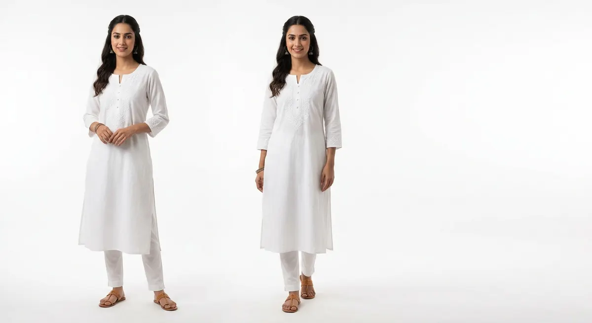 Professional editorial fashion model wearing white embroidered kurta — Canon EOS R5, three-point studio lighting, after ShotRoom AI photoshoot