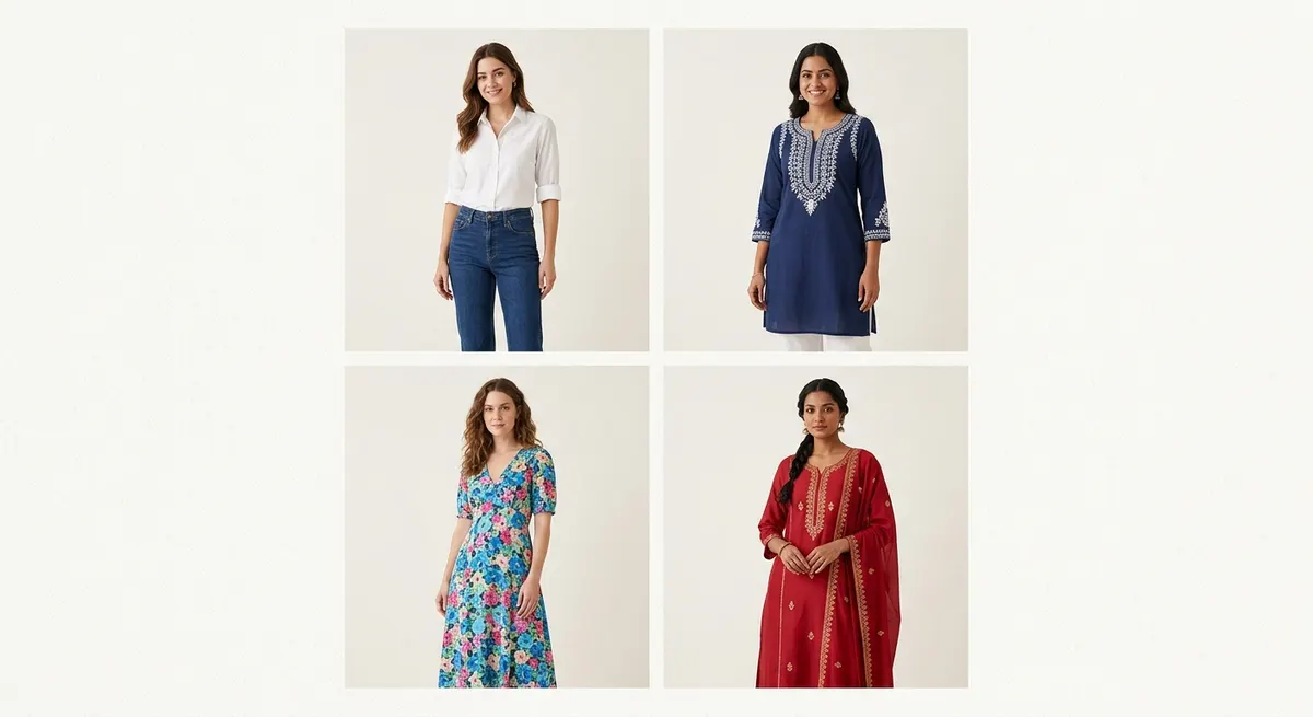 Consistent catalog photography across four garments — jeans, kurta, dress, and salwar — with identical lighting, background, and framing for a professional seller storefront look
