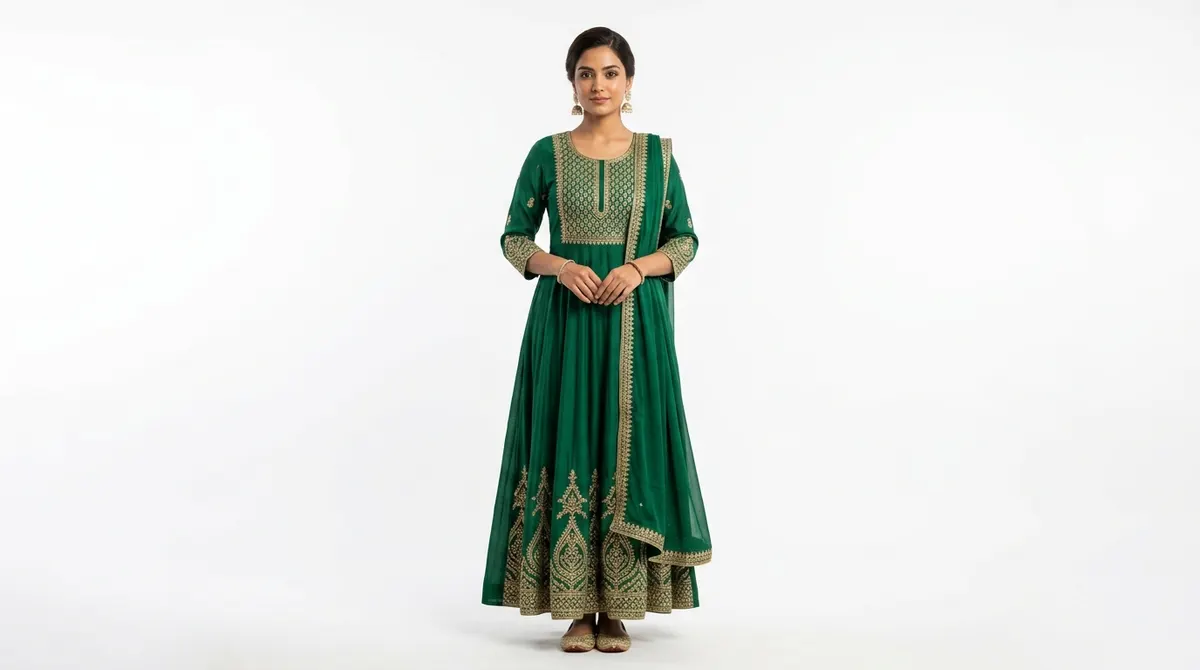 AI-generated professional marketplace listing photo: North Indian woman wearing emerald green anarkali kurta on pure white studio background — marketplace-approved product photography