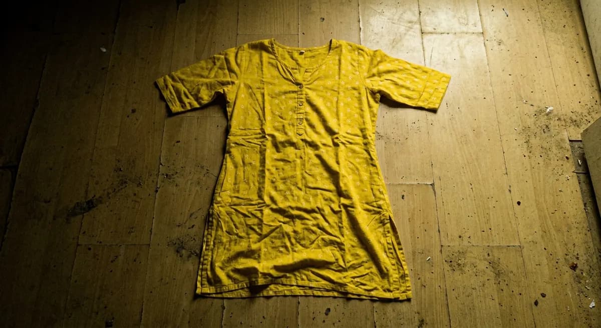 Rejected marketplace listing: yellow cotton kurti on floor with harsh fluorescent lighting, shadows, and smartphone noise — the type of amateur supplier photo that fails Myntra and Meesho quality review