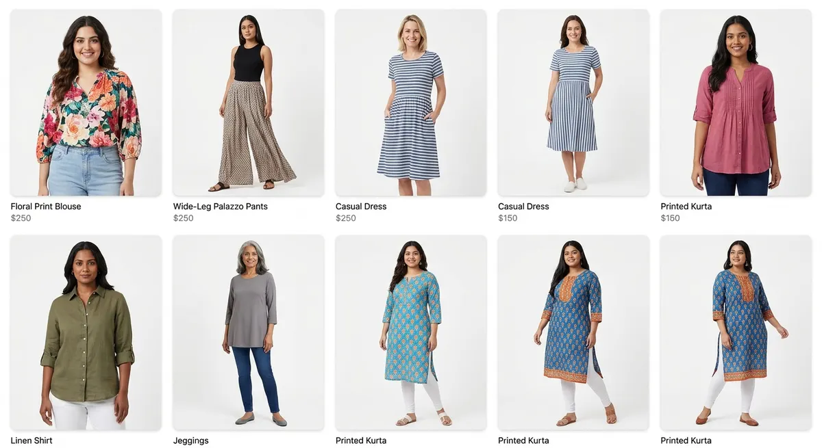 Fashion e-commerce catalog with diverse Indian and international models across product listings generated by ShotRoom AI model swap
