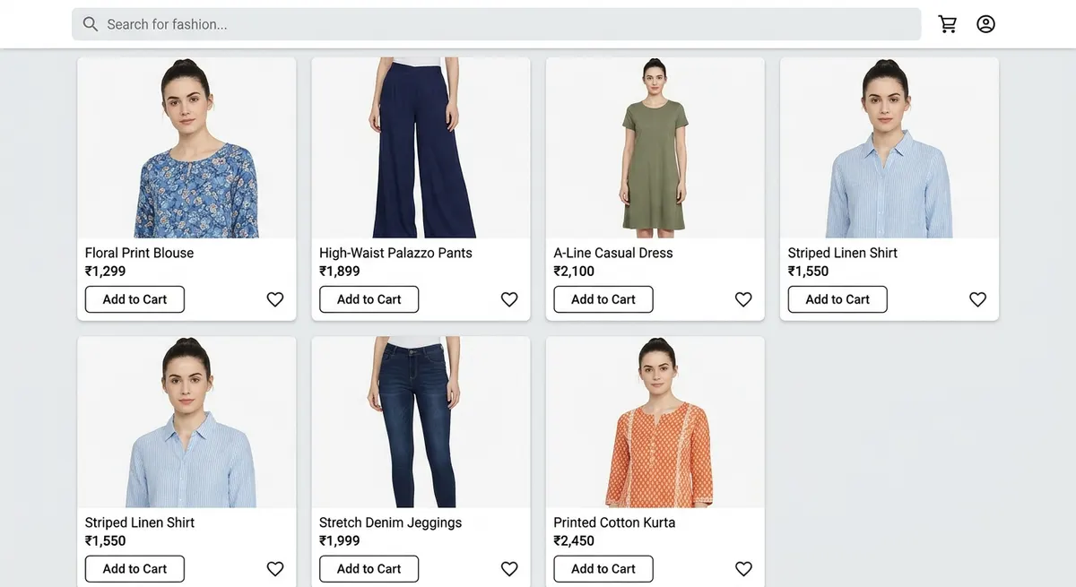 E-commerce fashion catalog showing same model face repeated across all garment listings creating a monotonous low-converting store