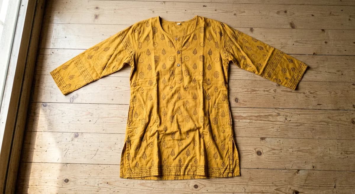 Amateur flat-lay photo of mustard yellow printed kurta on wooden floor — the kind of low-quality image Indian sellers upload to ShotRoom