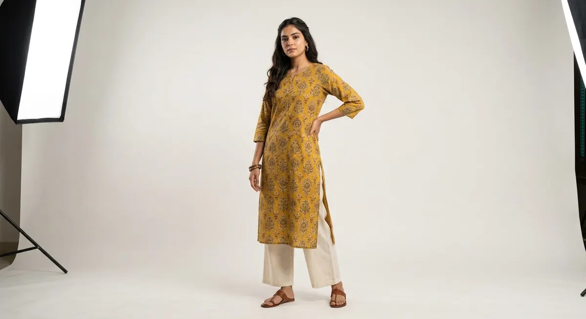 Professional on-model e-commerce photo of the same mustard kurta worn by a North Indian model in studio lighting — generated by ShotRoom AI