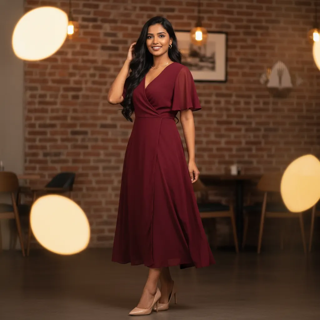 Same burgundy dress on model in cafe setting — professional AI-generated photoshoot