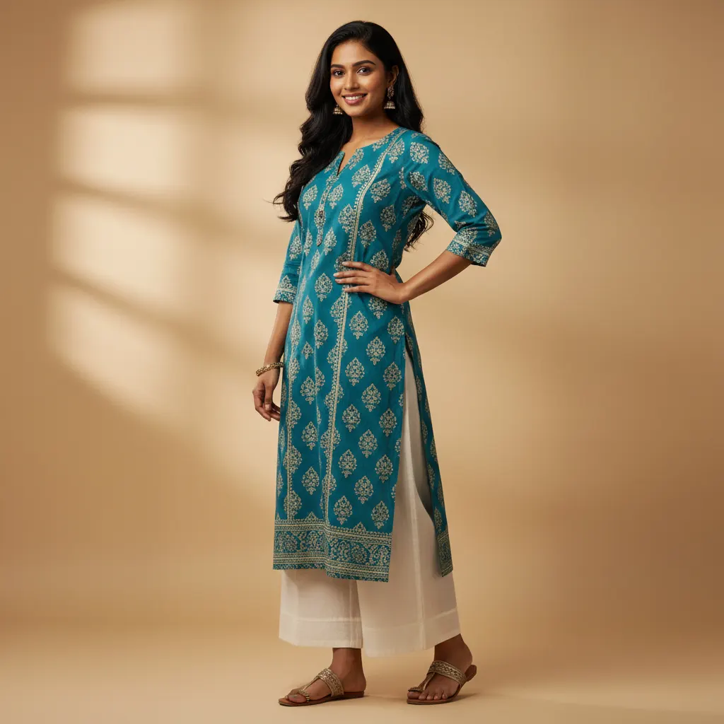 Same teal kurti on Indian female model — professional AI-generated photoshoot