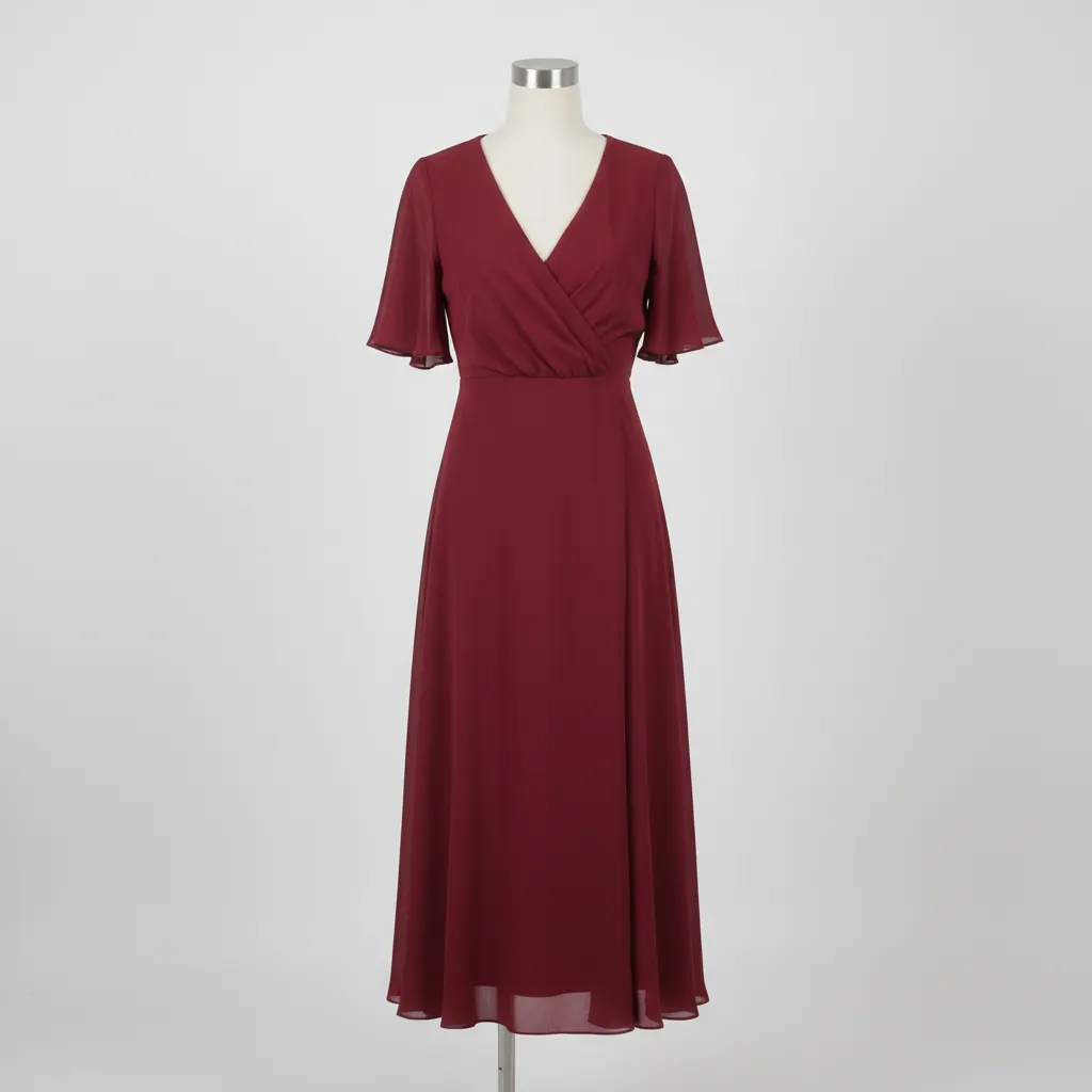 Burgundy wrap dress on mannequin — raw product photo