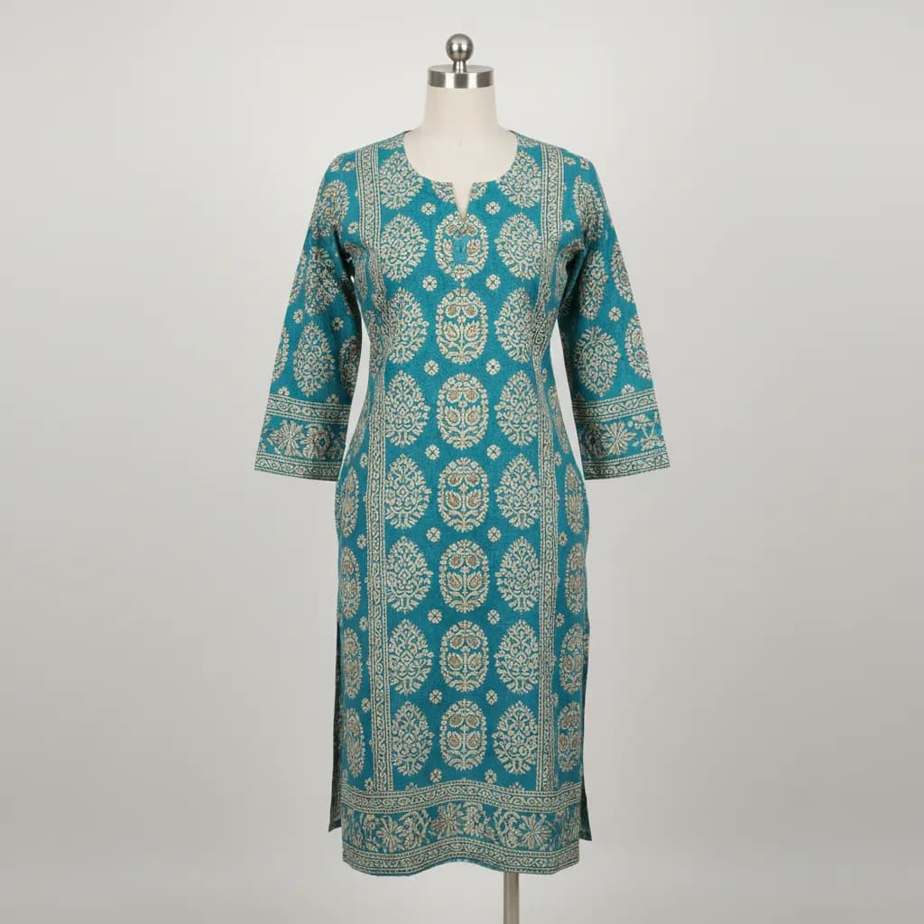 Teal printed kurti on mannequin — raw product photo
