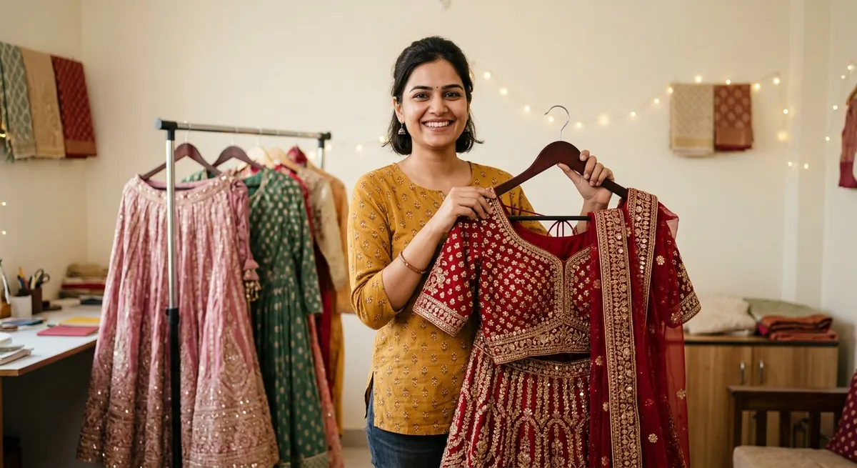 Priya Sharma, Jaipur bridal lehenga seller, holding embroidered lehenga at her home boutique