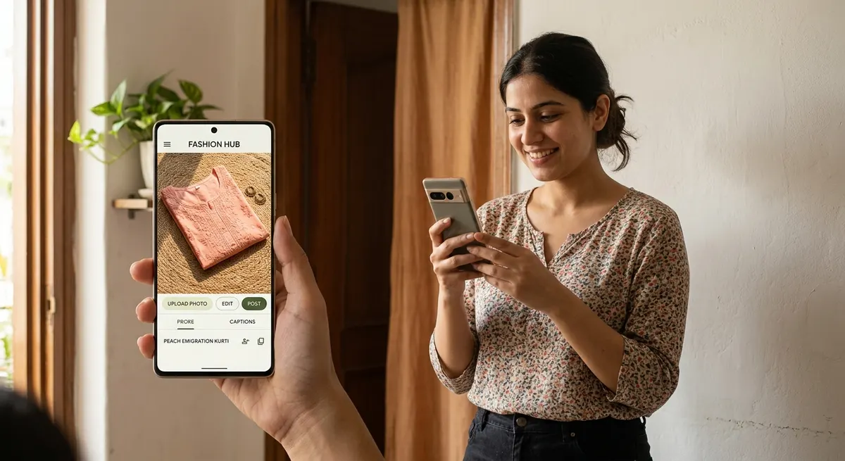 Indian seller photographing a kurti with her smartphone to upload to AI fashion photography platform ShotRoom