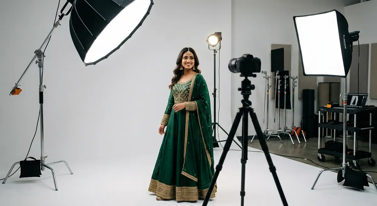 Professional studio photography setup with Canon EOS R5, 85mm portrait lens, and three-point lighting for AI fashion photography at studio specifications