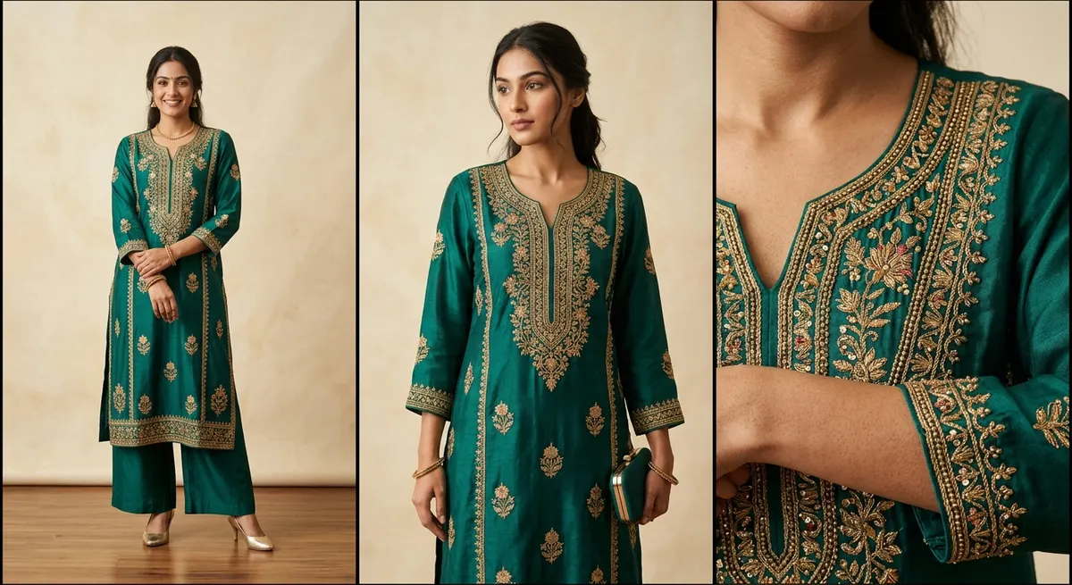 ShotRoom three-category virtual photoshoot output triptych: Category A full-outfit model pose, Category B isolated component shot of kurta, and Category C macro embroidery detail close-up