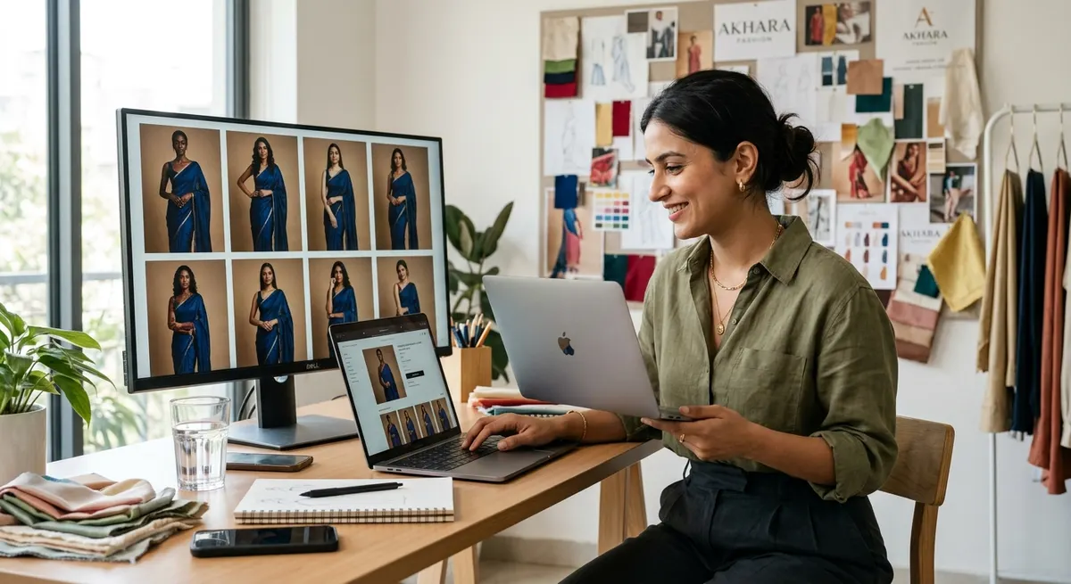 Indian fashion entrepreneur reviewing diverse model catalog images on laptop using ShotRoom AI model swap to build her brand