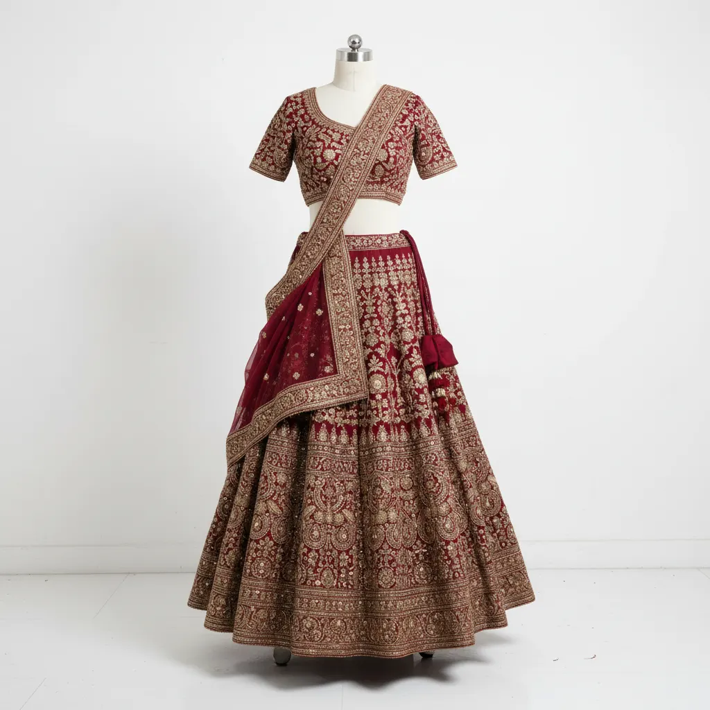 Flat-lay lehenga on plain background