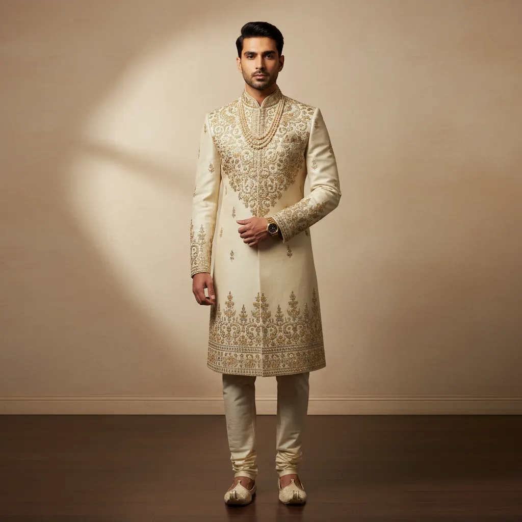 Professional model wearing sherwani in studio setting