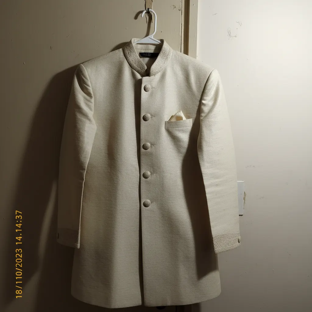 Flat-lay sherwani on plain background
